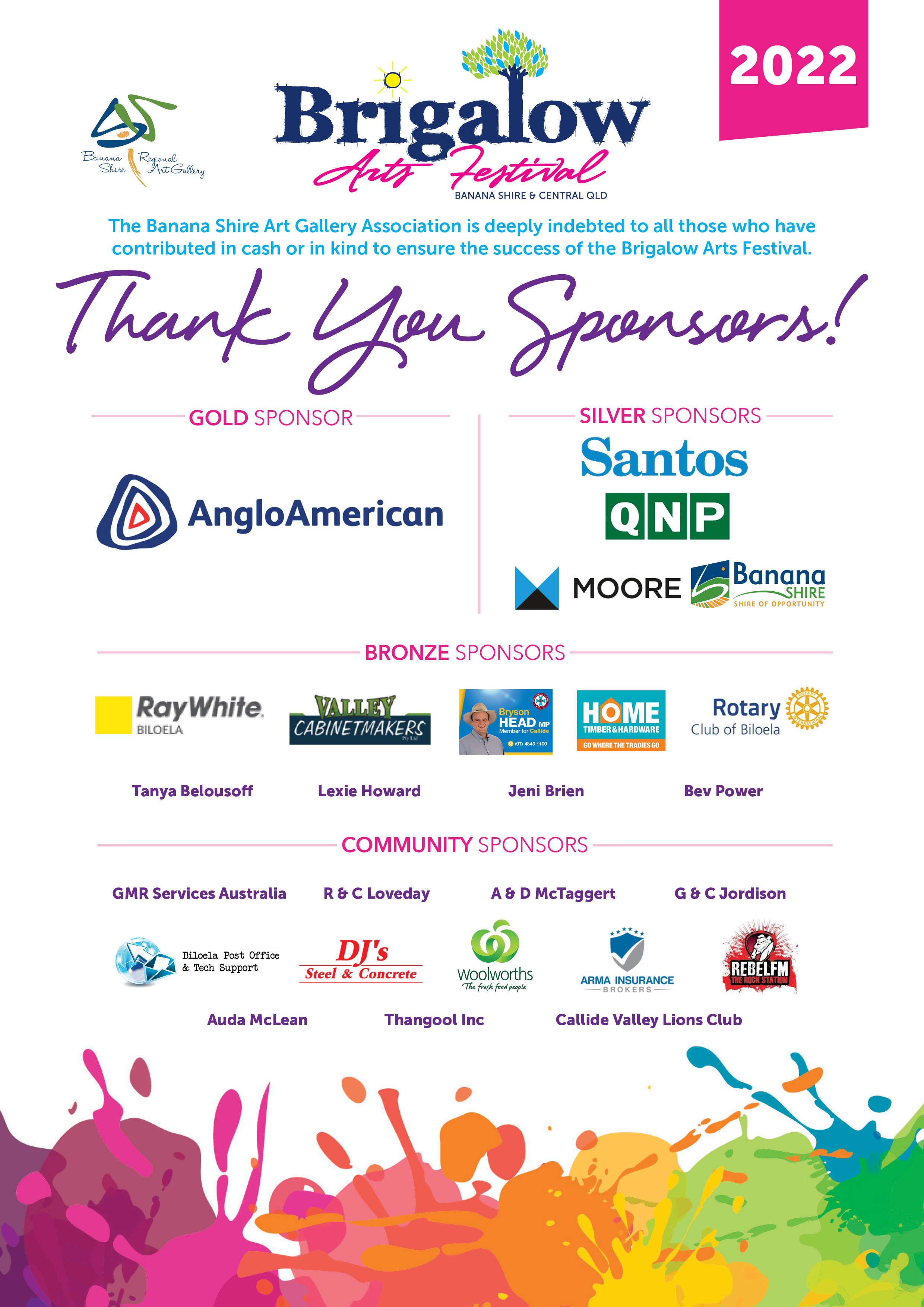 Sponsors list of the Brigalow Arts Festival including business logos and individuals names