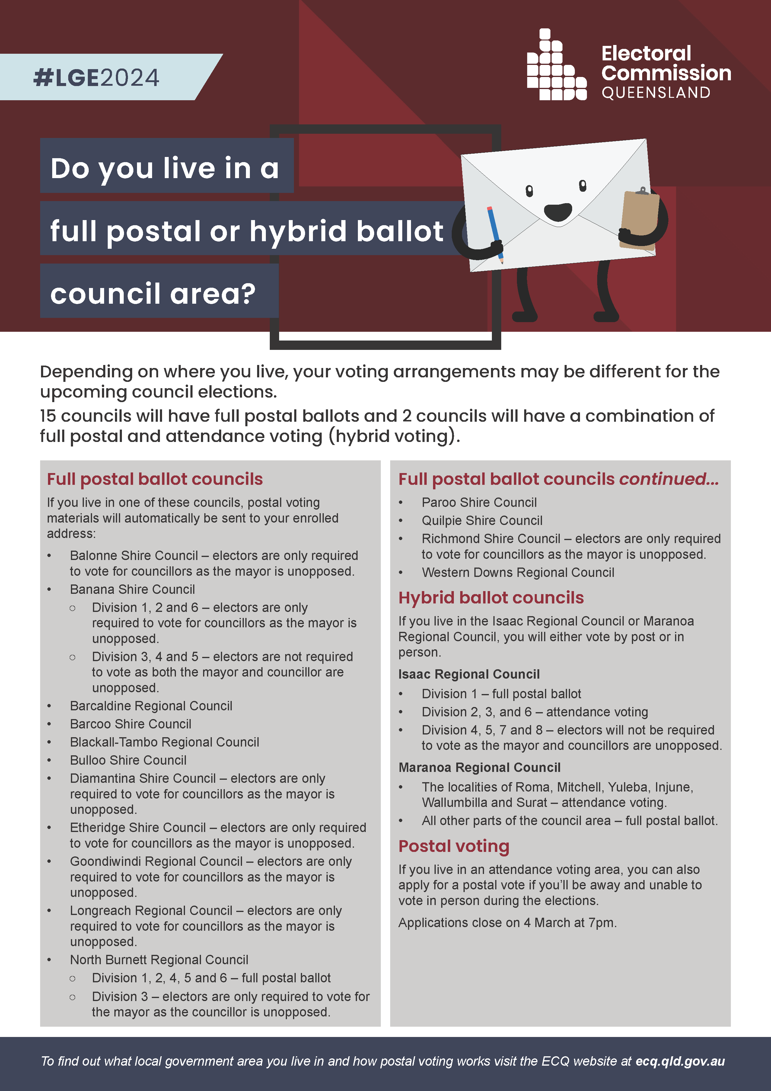 Banana Shire Local Government Elections

Please find below the Electoral Commission of Queensland guidance on the local government elections in Banana Shire. Flyers will also be available on Council’s Facebook Page.

Residents in Moura, Thangool, Wowan, B