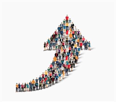 Diverse group of people forming an upward-pointing arrow